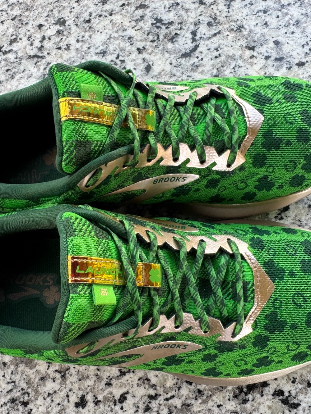 Brooks Green Shamrock-Print Running Shoes with Metallic Gold Accents - Picture 10 of 13